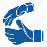 A blue icon of two hands holding each other on a white background.
