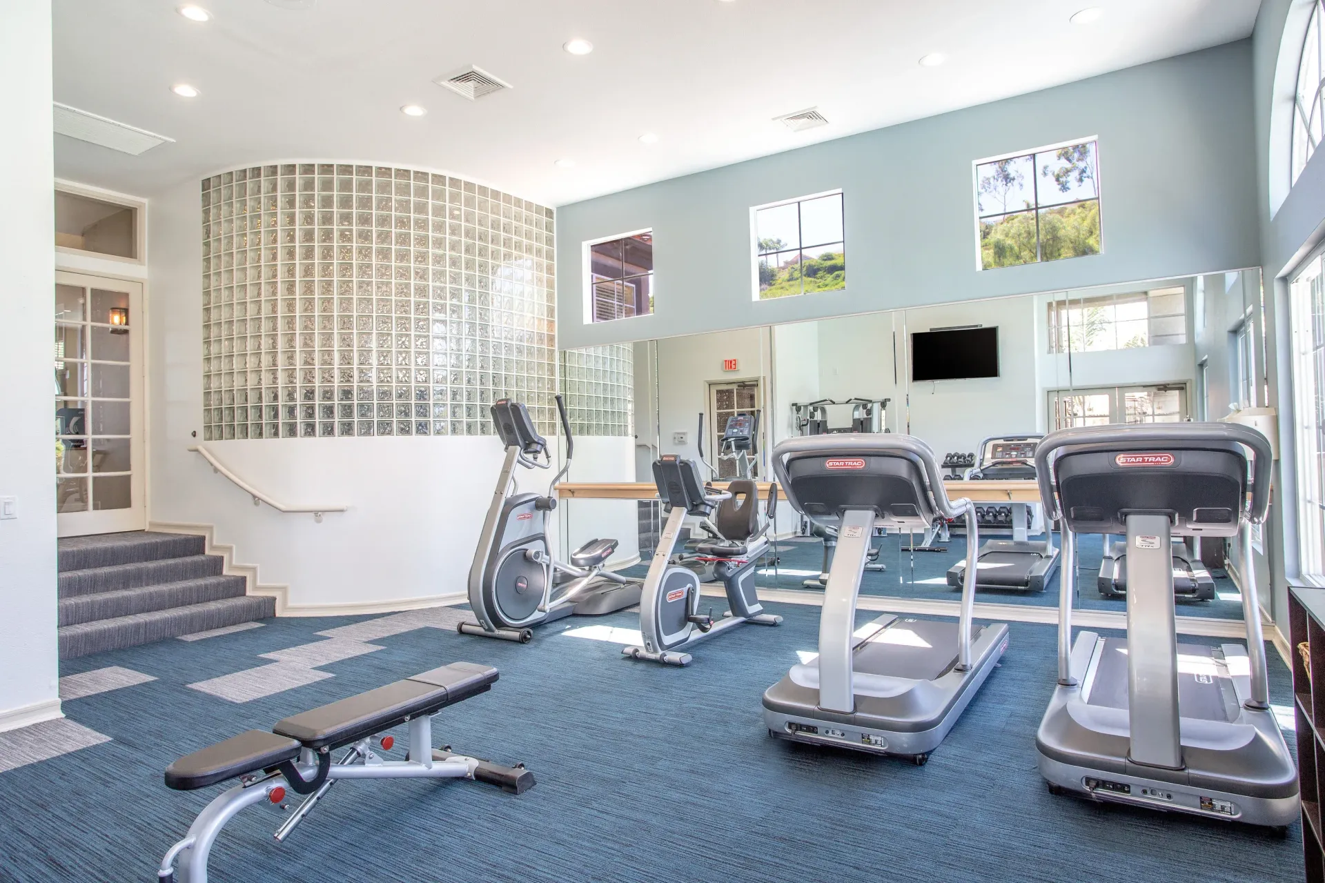Bright communal fitness center with cardio machines and mirrors.