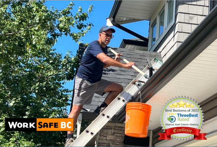 A man is standing on a ladder painting the gutters of a house.