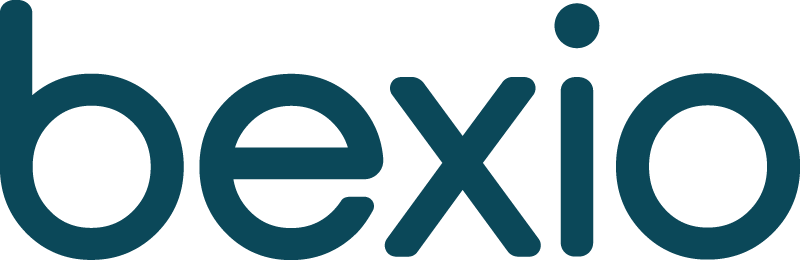 Das bexio-Logo ist blau und weiss auf weissem Hintergrund.