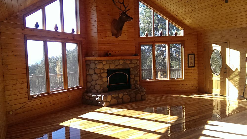 A living room with a fireplace and a deer head on the wall
