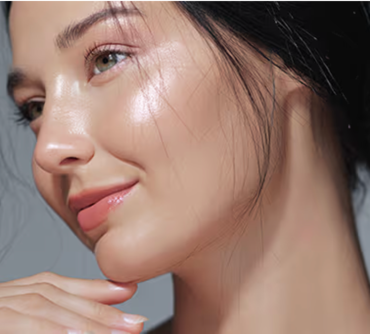 Woman with blue eyes, hand near her mouth, wearing a white shirt, looking directly at the viewer.