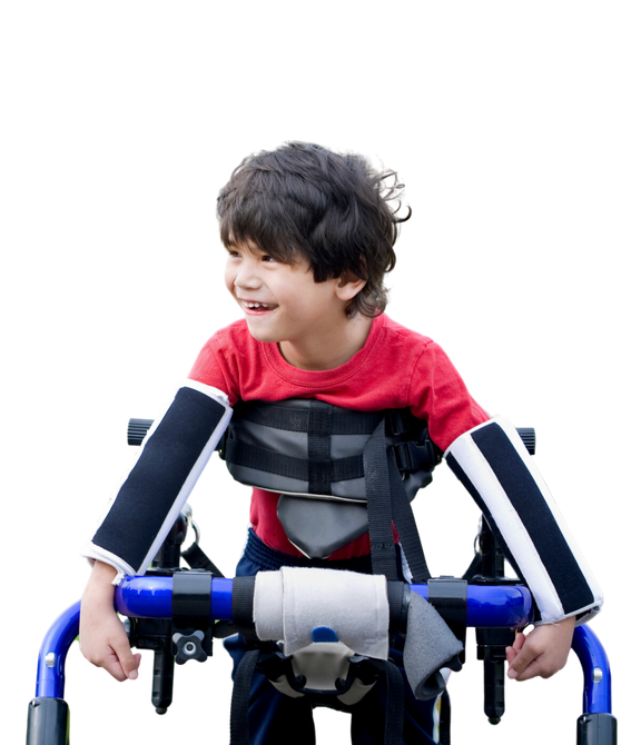 A young boy in a red shirt is riding a blue walker