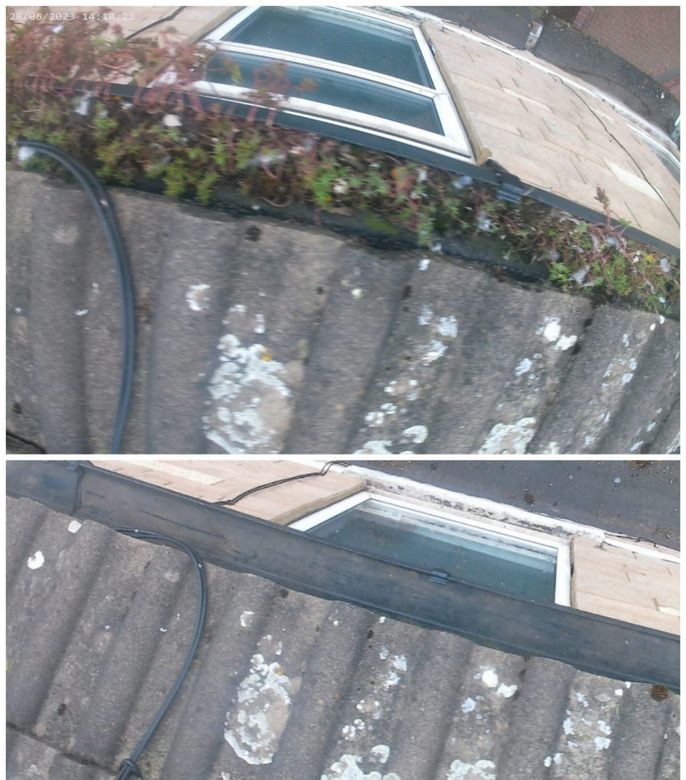 Before and after photo of a gutter cleaning by SASGC in sheffield, showing blocked gutters with moss,debris then cleared