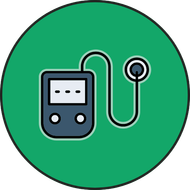A stethoscope is attached to a device in a green circle.