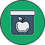 An icon of an apple in a jar on a green background.