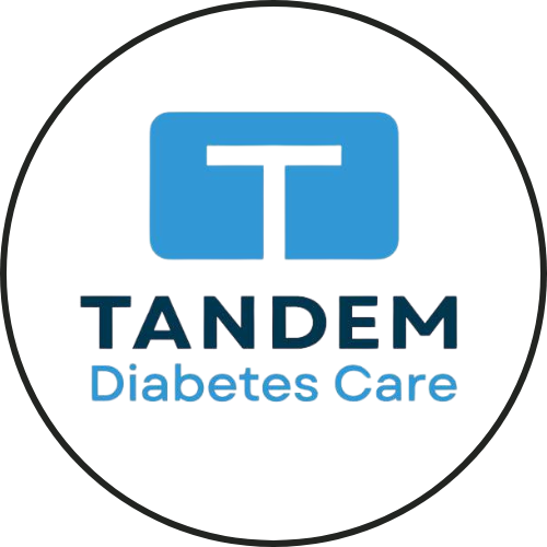 A logo for tandem diabetes care with a blue t in a circle.