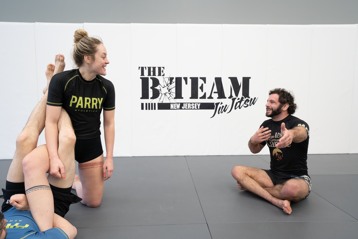 Adults drilling Jiu Jitsu techniques at All in Jiu-Jitsu in Green Brook, NJ to build confidence and connection