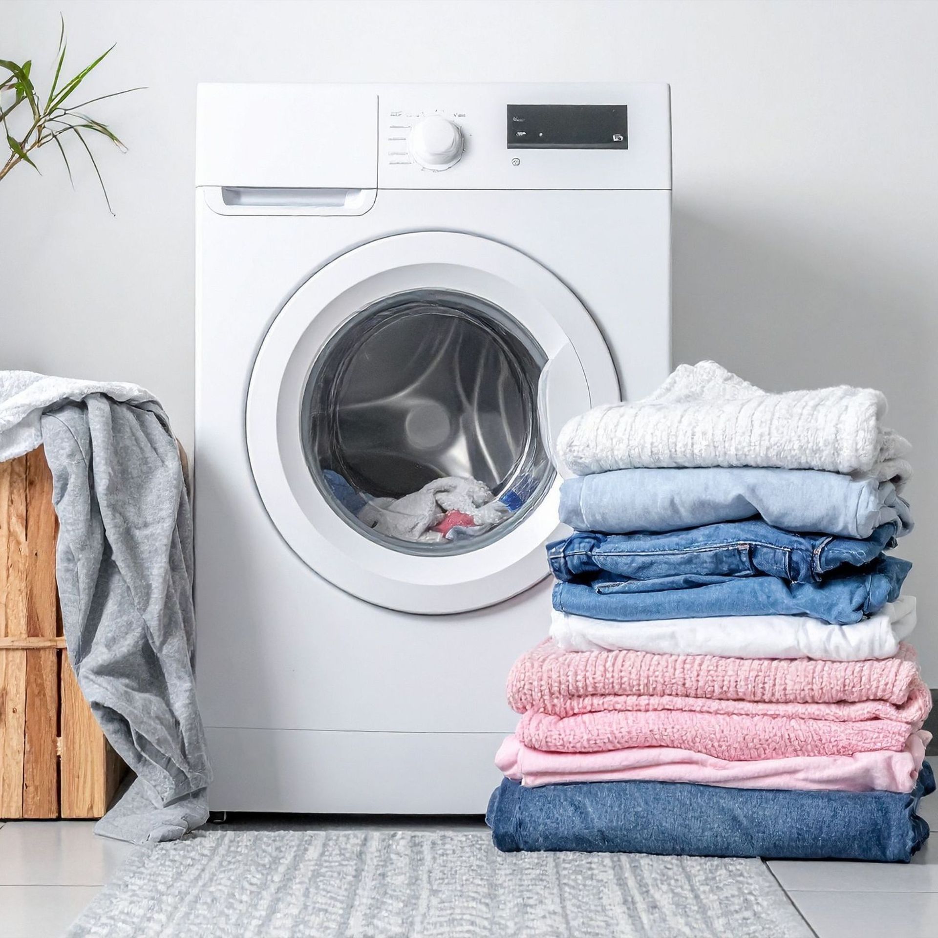 Washing machine with a stack of folded laundry next to it, set in a laundry room.