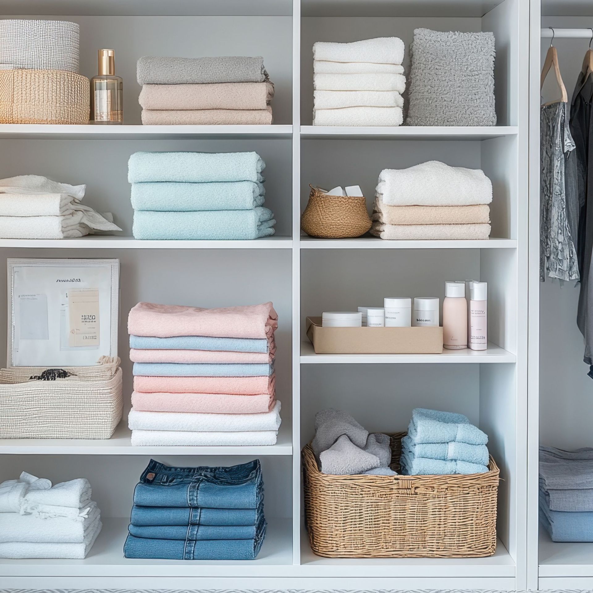 Closet with stacked towels in various colors, baskets, and toiletries on white shelves.