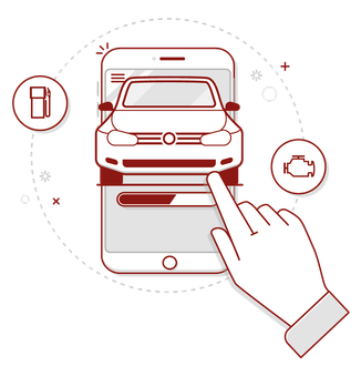 A hand is pointing at a car on a cell phone.