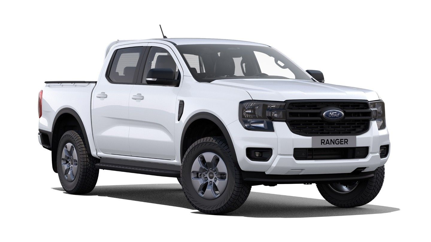 A white ford ranger pickup truck is shown on a white background.