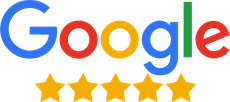 Google logo with five gold stars.