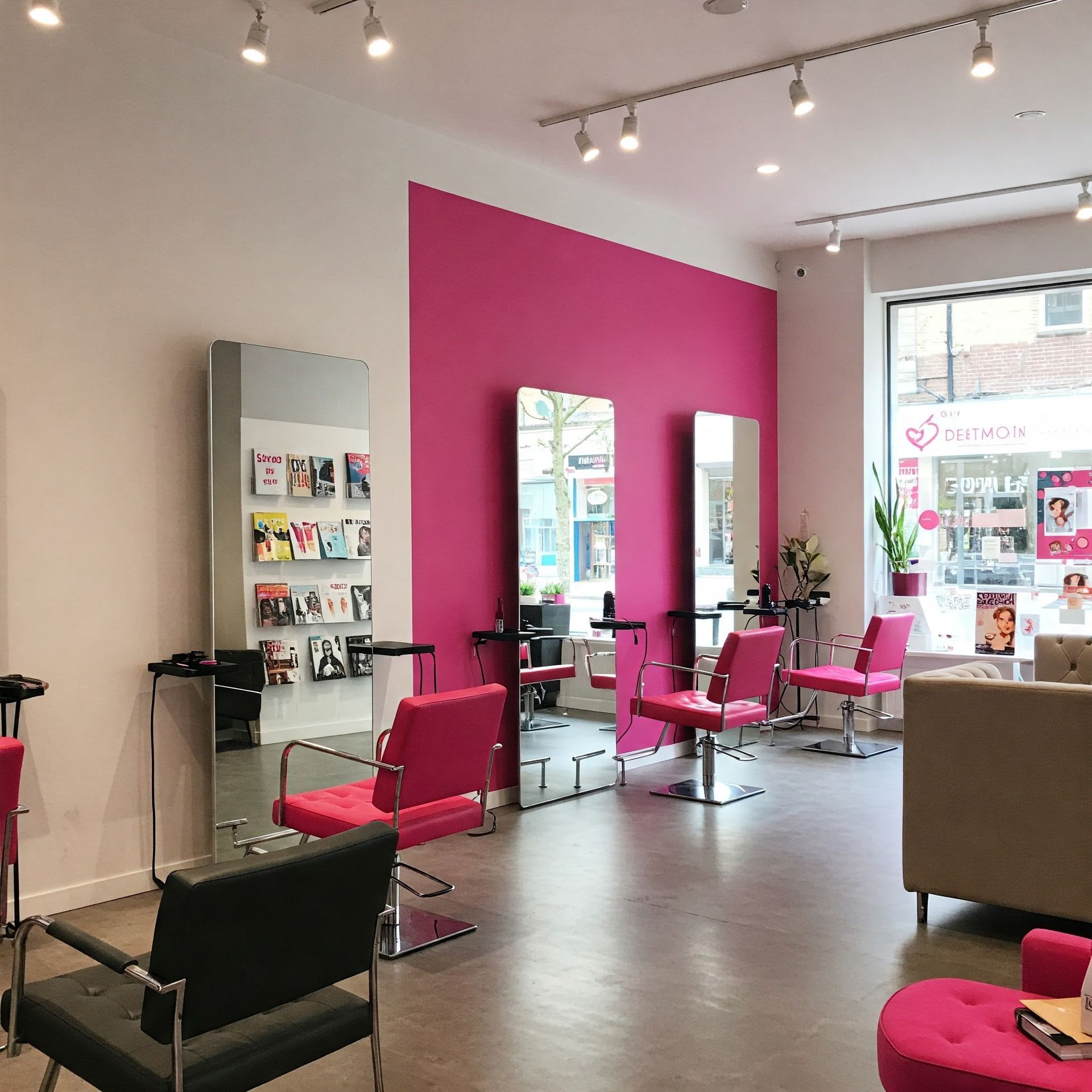 A hair salon with pink chairs and mirrors