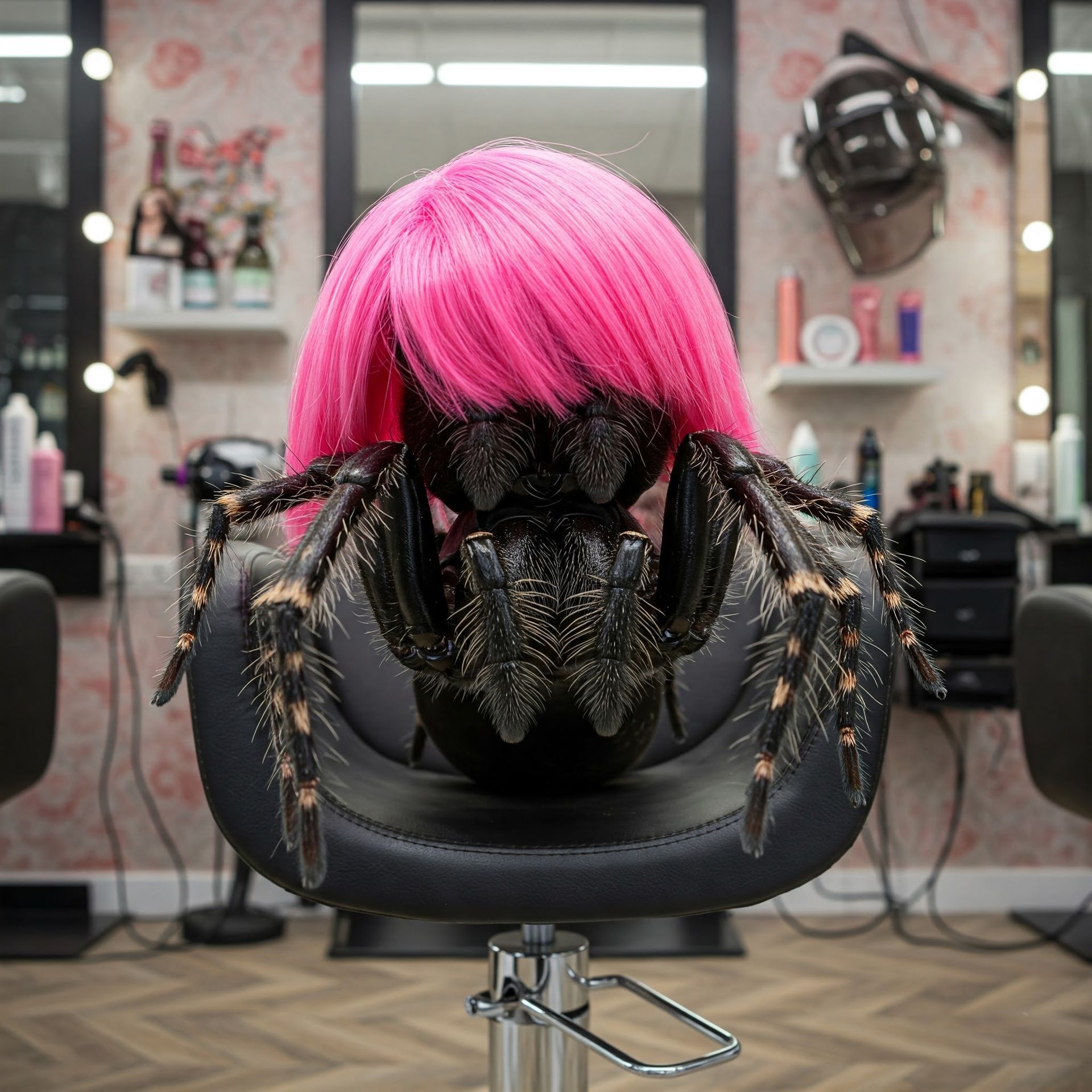 A spider with pink hair is sitting in a hair salon chair.