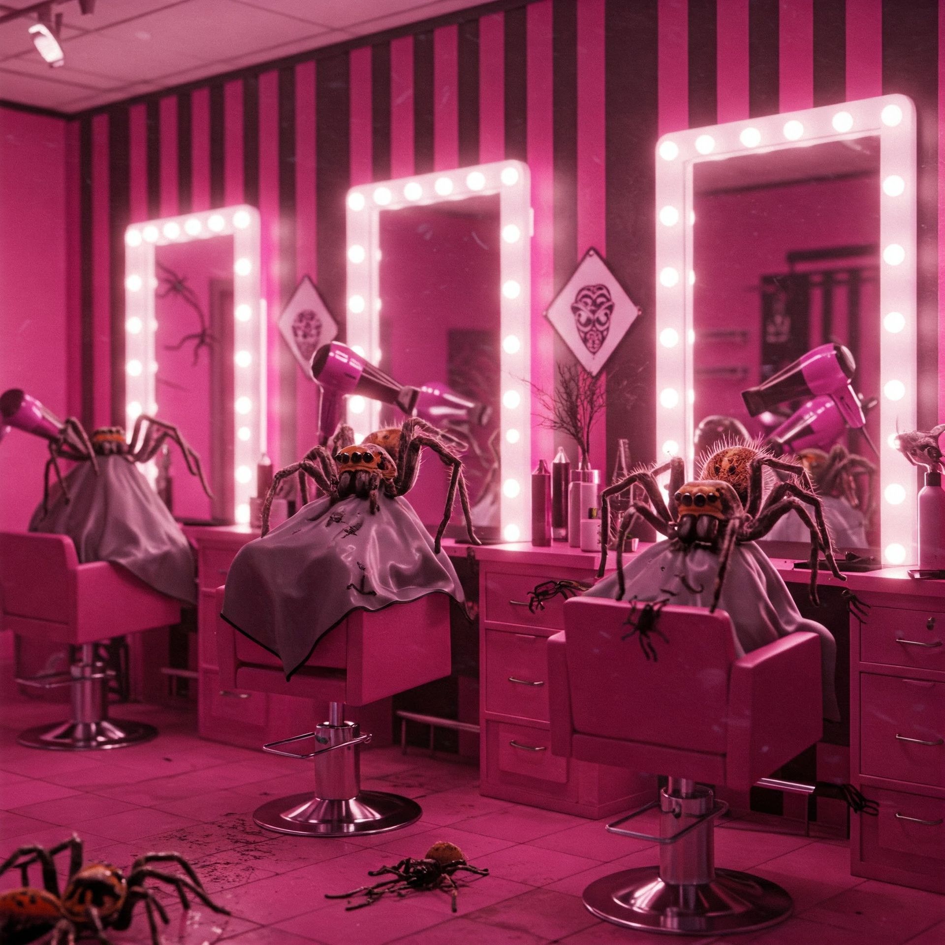 A pink hair salon with spiders on the chairs