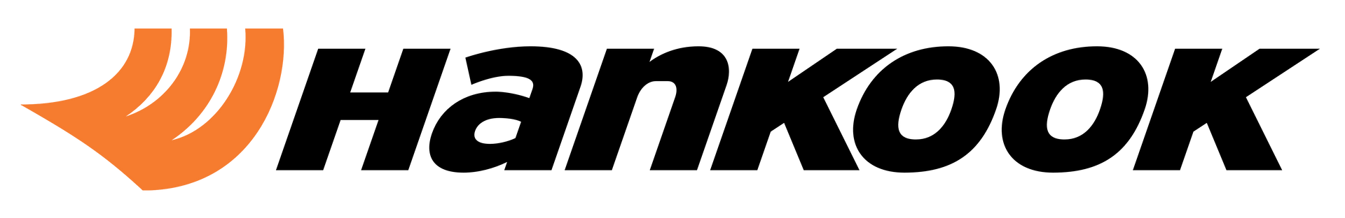 A hankook logo with an orange arrow pointing down.