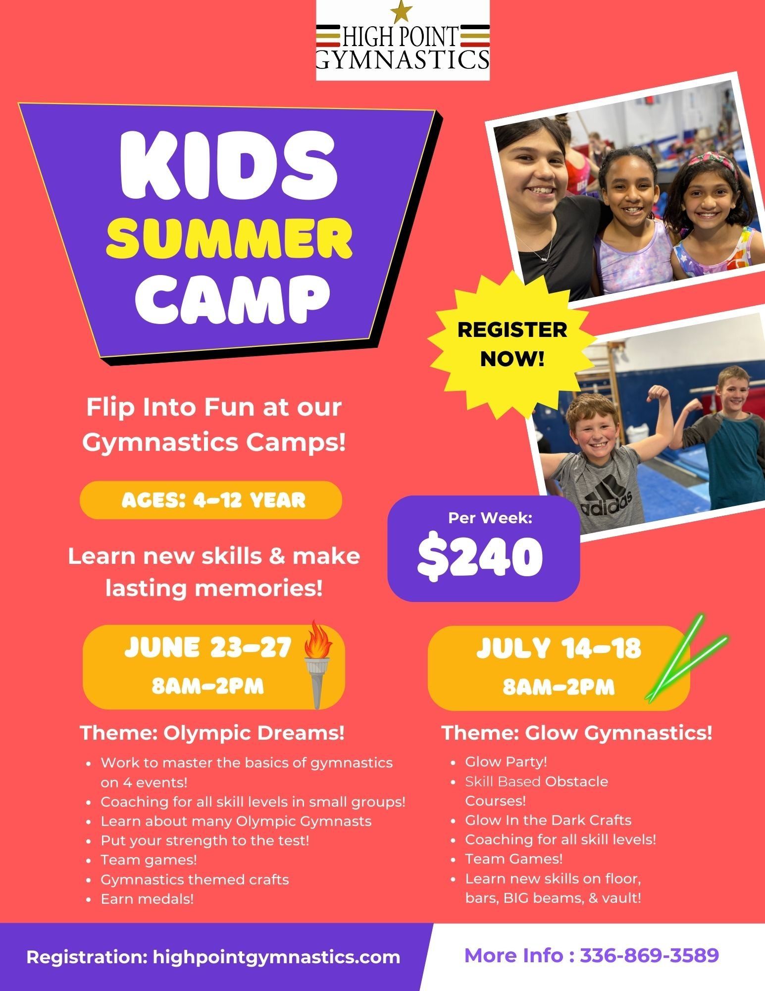 A flyer for a kids summer camp at highpoint gymnastics