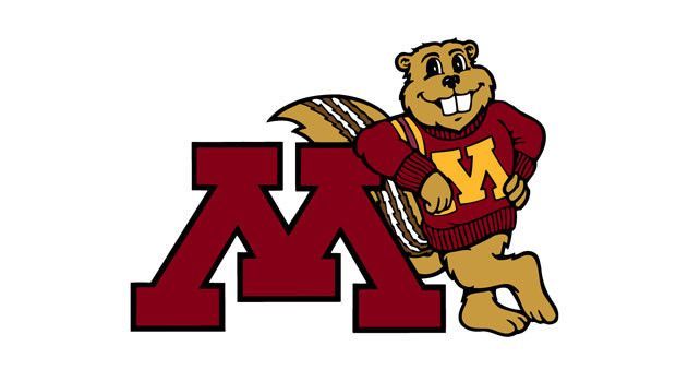 Minnesota Golden Gophers mascot, a brown beaver in a maroon sweater with a yellow 