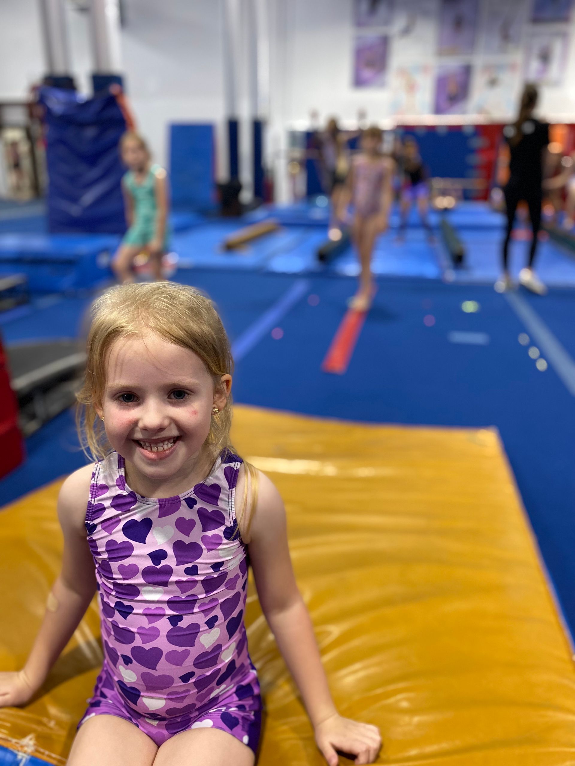 A little girl in a purple leotard is sitting on a mat in a gym.