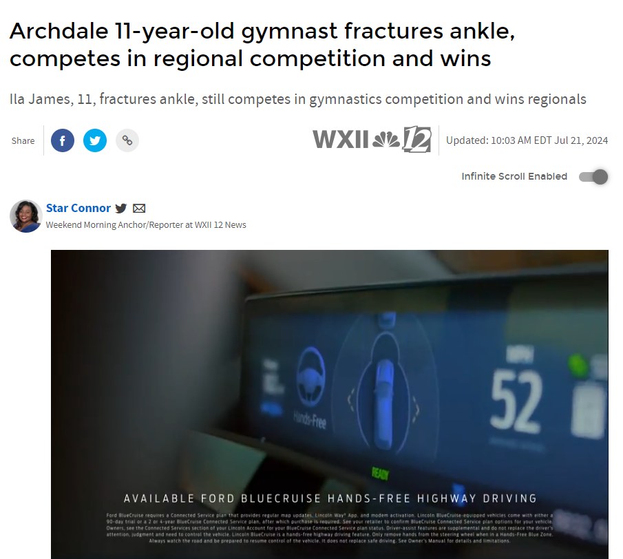 A gymnast with a fractured ankle competes in regional competition and wins.