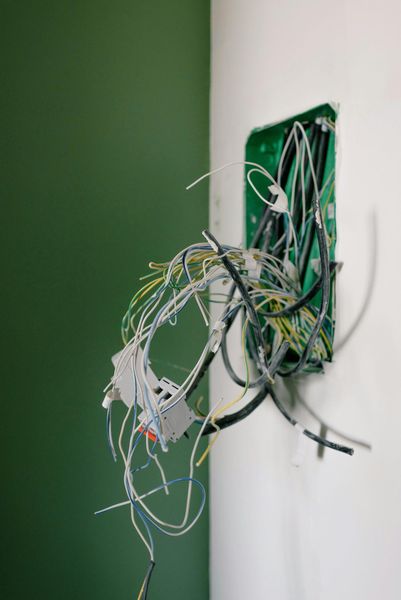 Exposed electrical wires spilling from a green box in a white wall corner against a green wall.