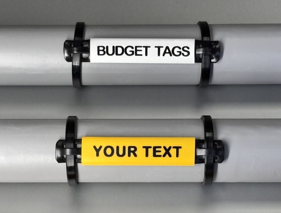 Budget carrier tags yellow and white affixed with cable ties