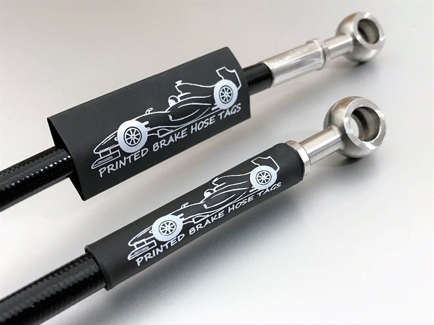 custom printed brake hose tags white print on black heatshrink 