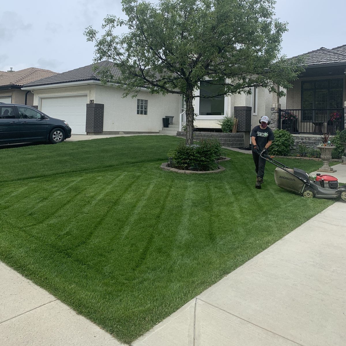 A person mows a suburban lawn with neatly cut diagonal stripes in front of a house on a cloudy day.