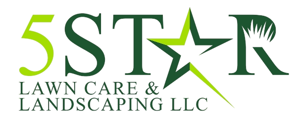Logo for 5 Star Lawn Care & Landscaping LLC, featuring green text and a star icon with grass details.