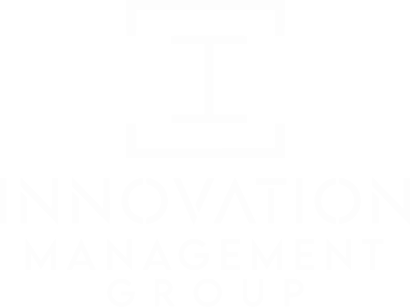 Logo of Innovation Management Group, white text and icon on a white background.