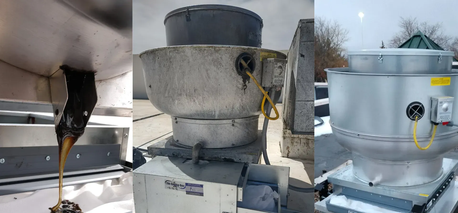A collage of three pictures of a fan on a roof.