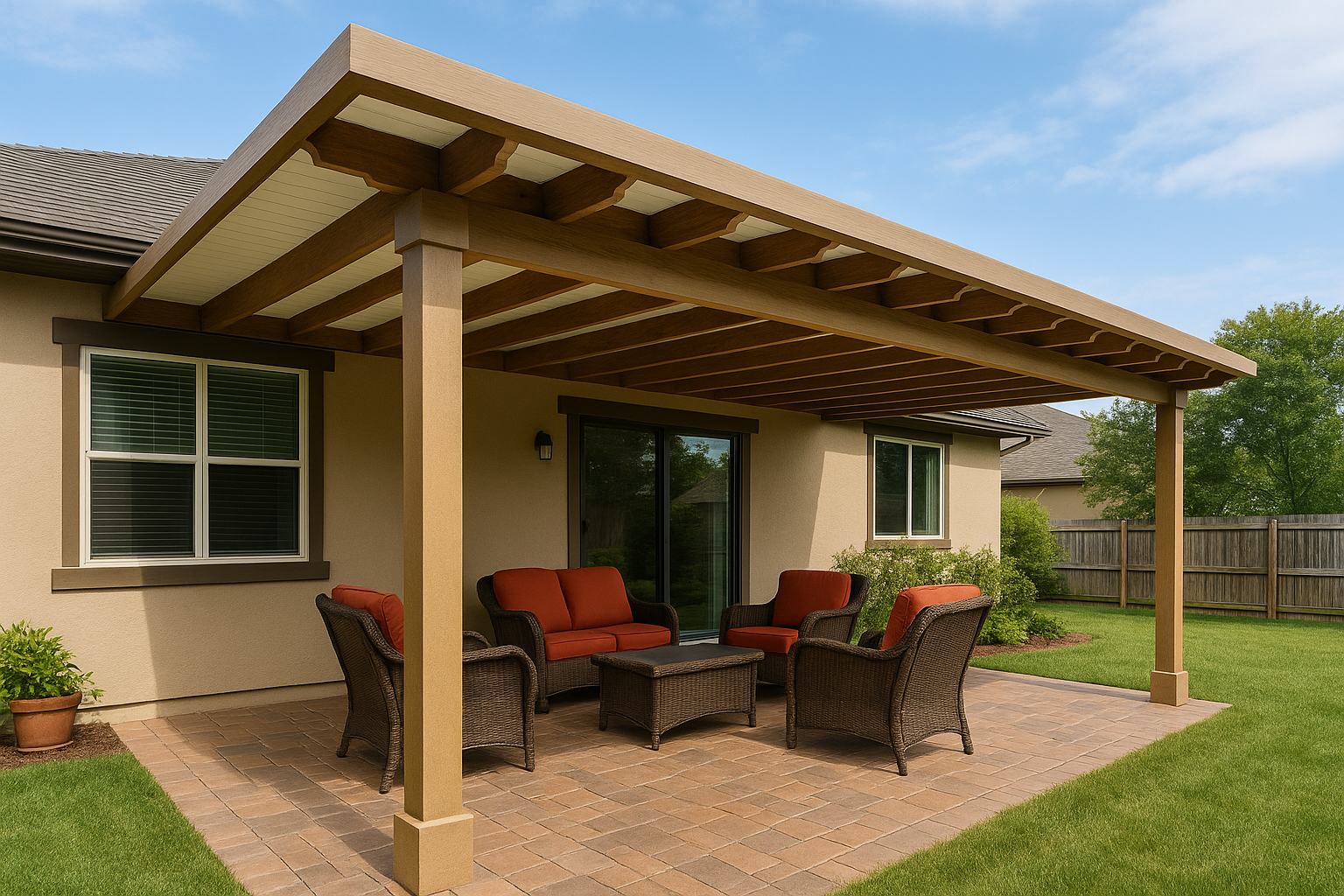 Screened patio with black frames, open doors, and a person using a blower. Outdoors, daytime.