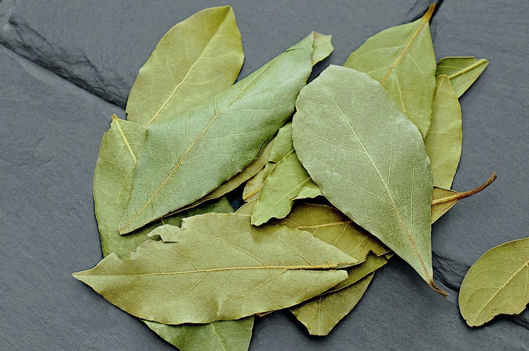 Dried bay leaves, green with a slightly matte appearance, piled on a dark, textured surface.
