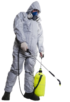 A Man In A Protective Suit Is Spraying Something With A Sprayer — Dan's Pest Control in Shellharbour, NSW