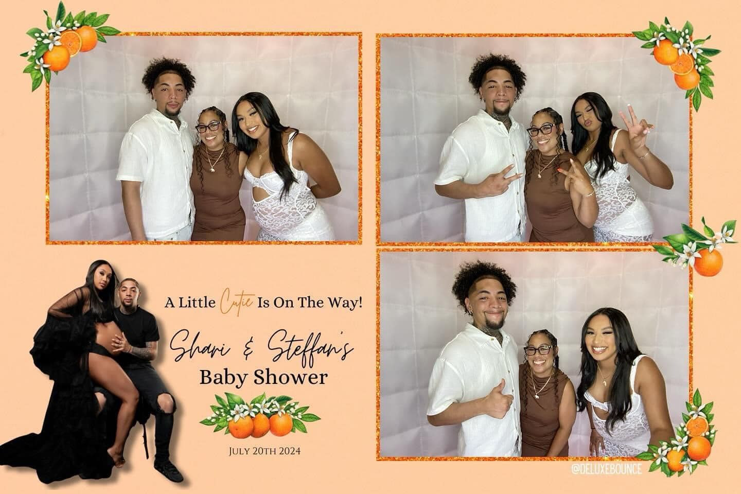 A group of people are posing for a picture at a baby shower.
