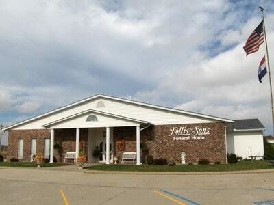 Fuller & Sons Funeral Home building with flag, brick exterior, blue sky.