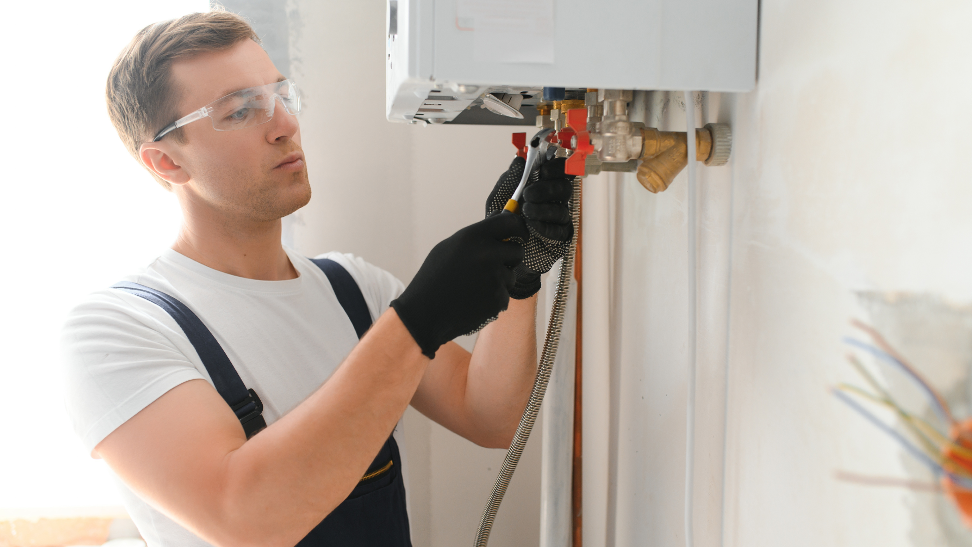 A man is working on a boiler in a room.