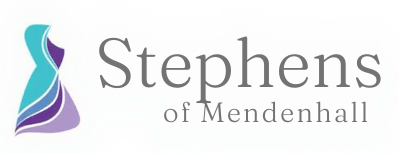Logo of Stephens of Mendenhall, with an abstract dress design in teal, purple, and white.