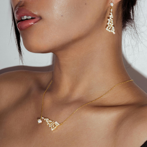 Woman wearing gold necklace and earrings with clear stones.