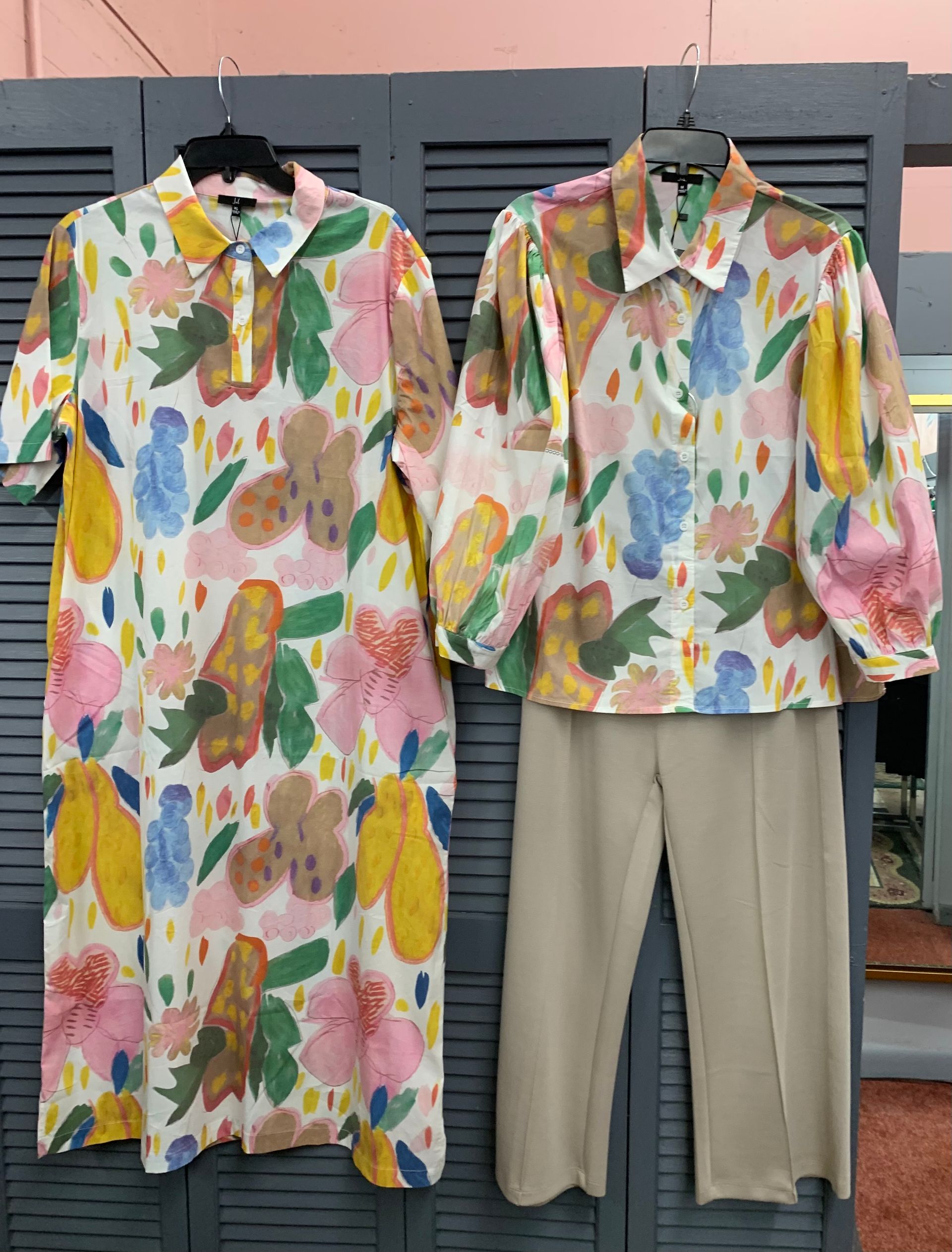 Yellow turtleneck and denim skirt with pink and white tulips.