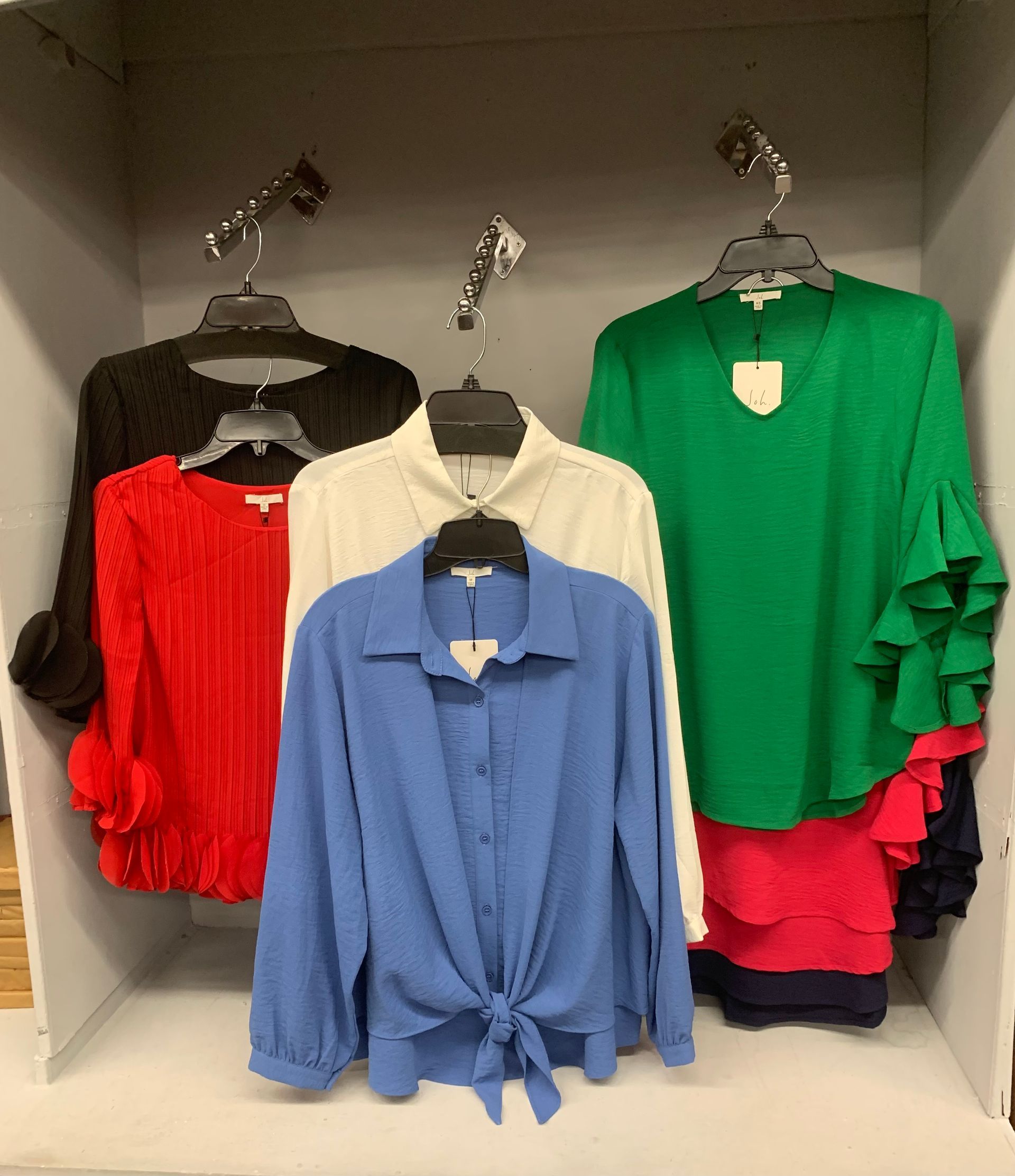 Yellow turtleneck and denim skirt with pink and white tulips.