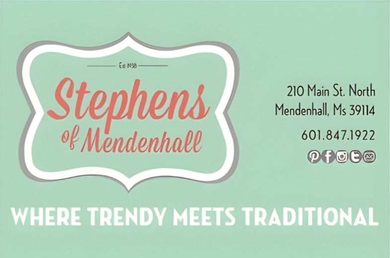Logo of Stephens of Mendenhall, with an abstract dress design in teal, purple, and white.
