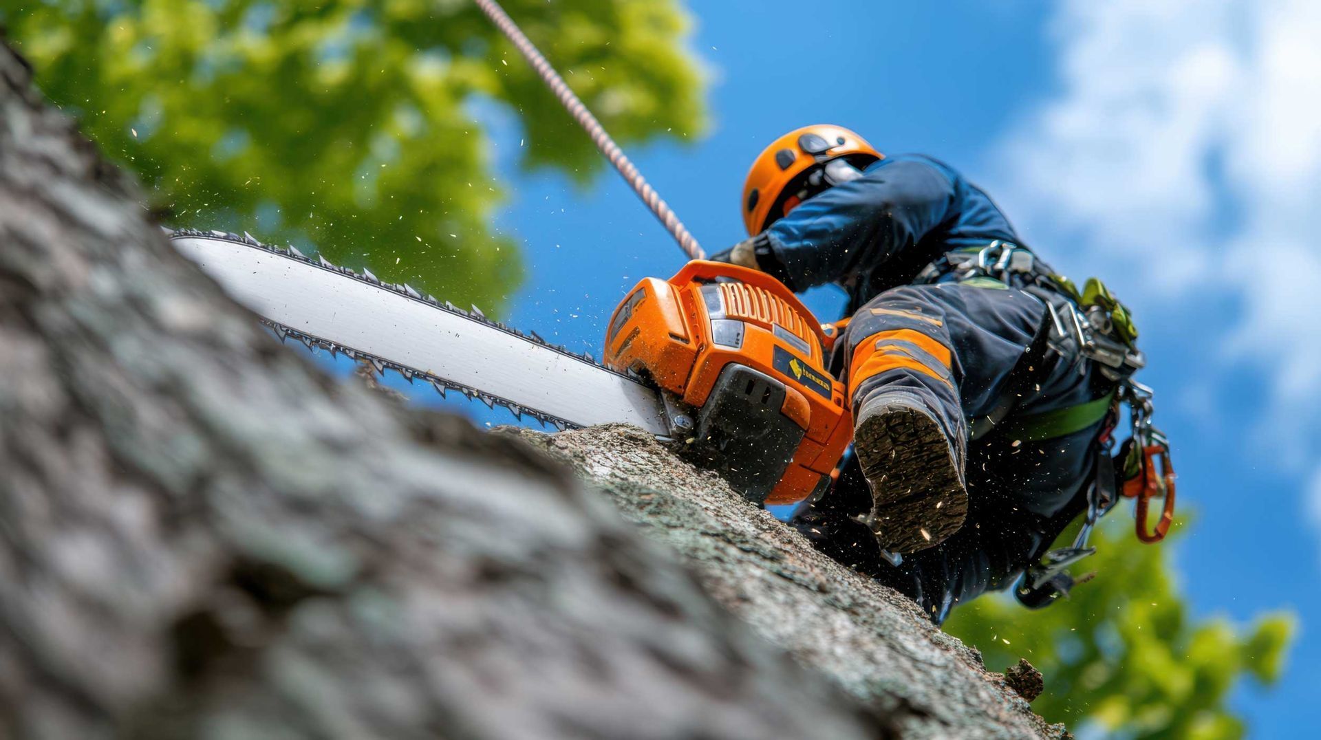 Close-up of expert commercial tree removal services featuring high-altitude precision cutting. Close-up of expert commercial tree removal services featuring high-altitude precision cutting.