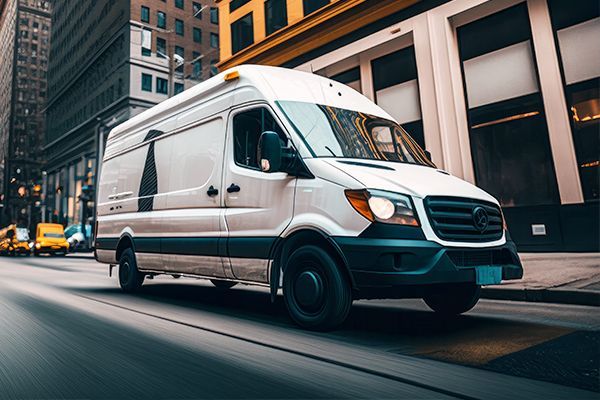 A white van is driving down a city street.