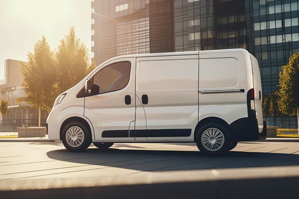 A white van is parked on the side of the road in front of a tall building.