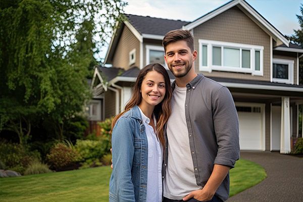 A couple stands smiling in front of their suburban home with a green lawn and driveway.