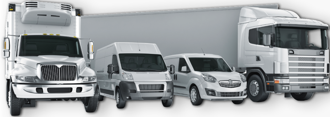 A group of white trucks and vans are parked next to each other on a white background.