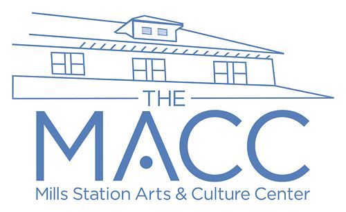 Logo for the Mills Station Arts & Culture Center (MACC): Blue building outline over text 