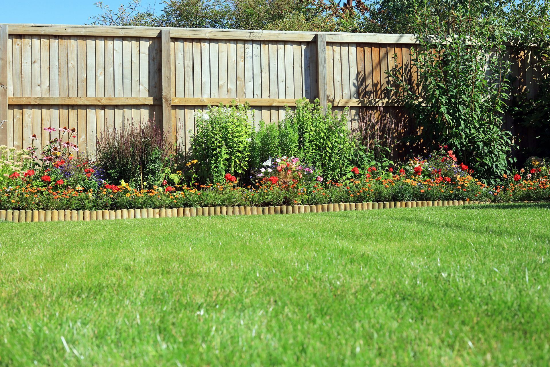 A wooden fence surrounds a lush green lawn